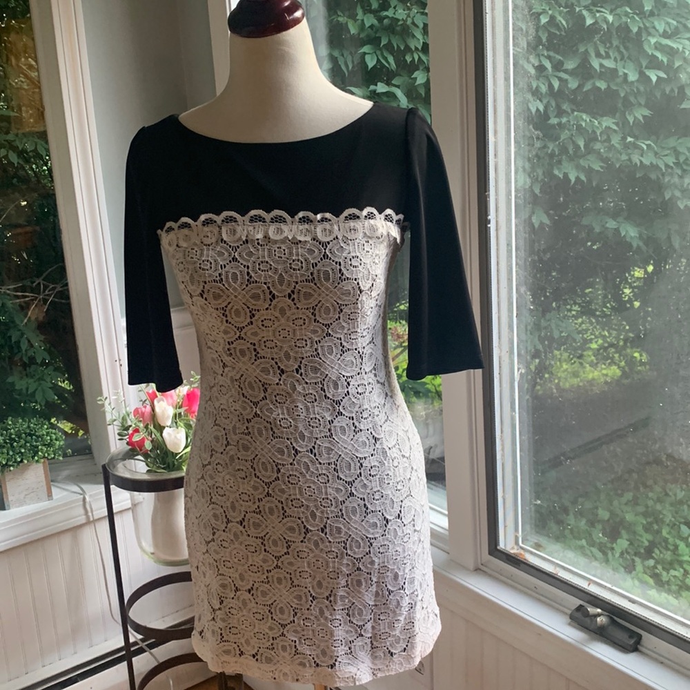 BLACK SAKS FIFTH AVENUE NWOT black dress with beautiful white lace overlay